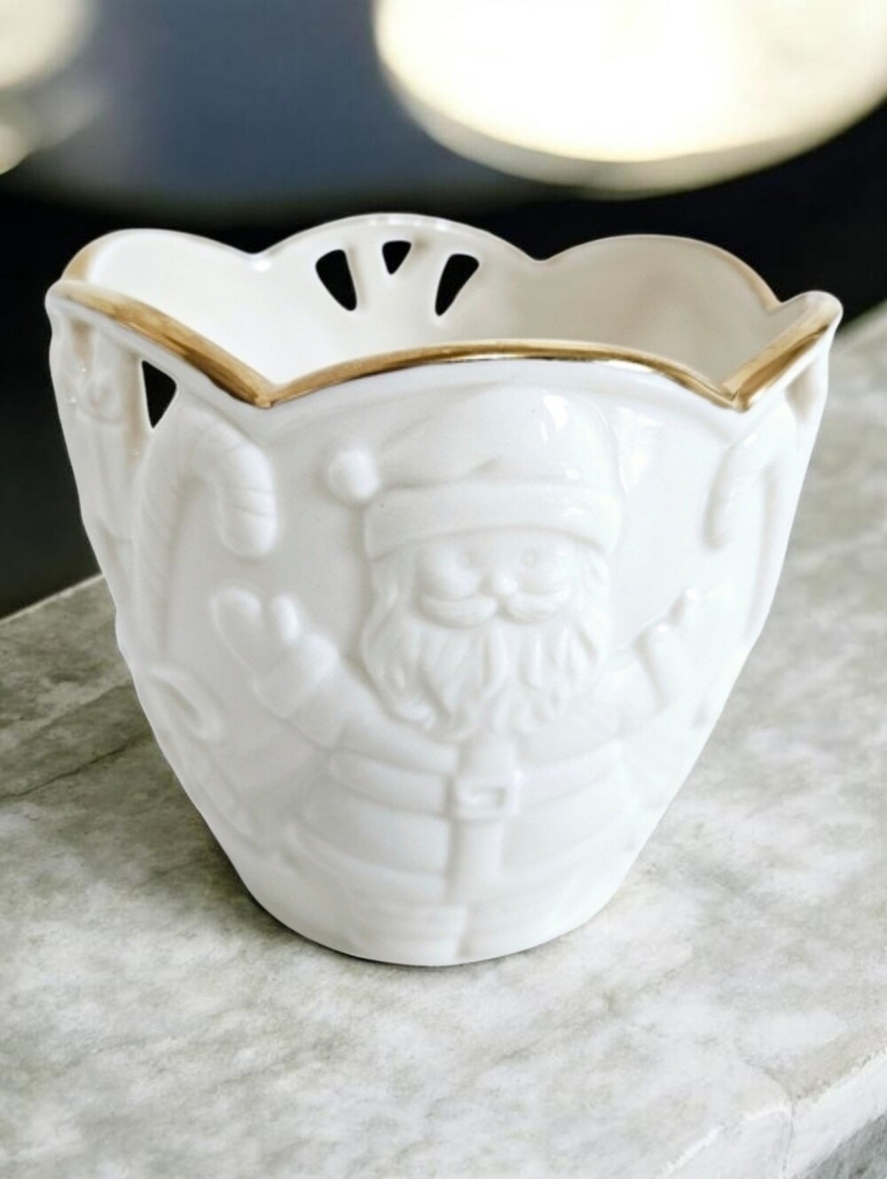 Lenox Merry Lights Santa Votive Candle Holder 3.5" Porcelain 24K Gold Christmas